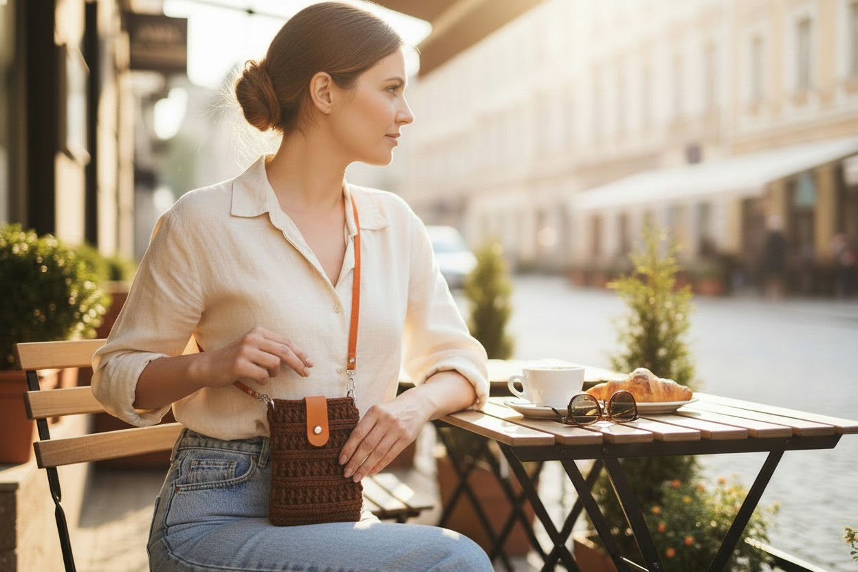 Eye-Catching Brown Crochet Phone Bag, Orange Leather Strap, Boho Crossbody Mini Bag