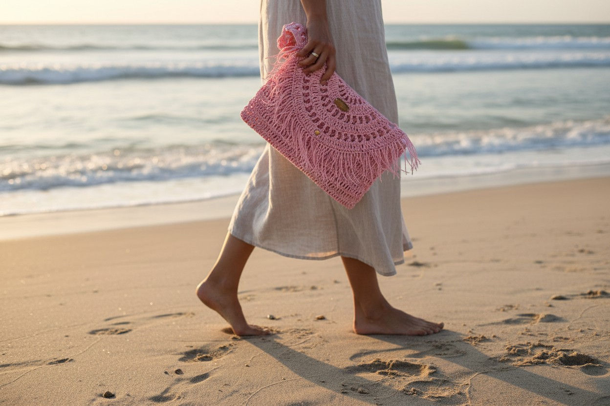 Pink Crochet Bag with Dark Pink Satin Lining, Fringe Detail and Wristlet