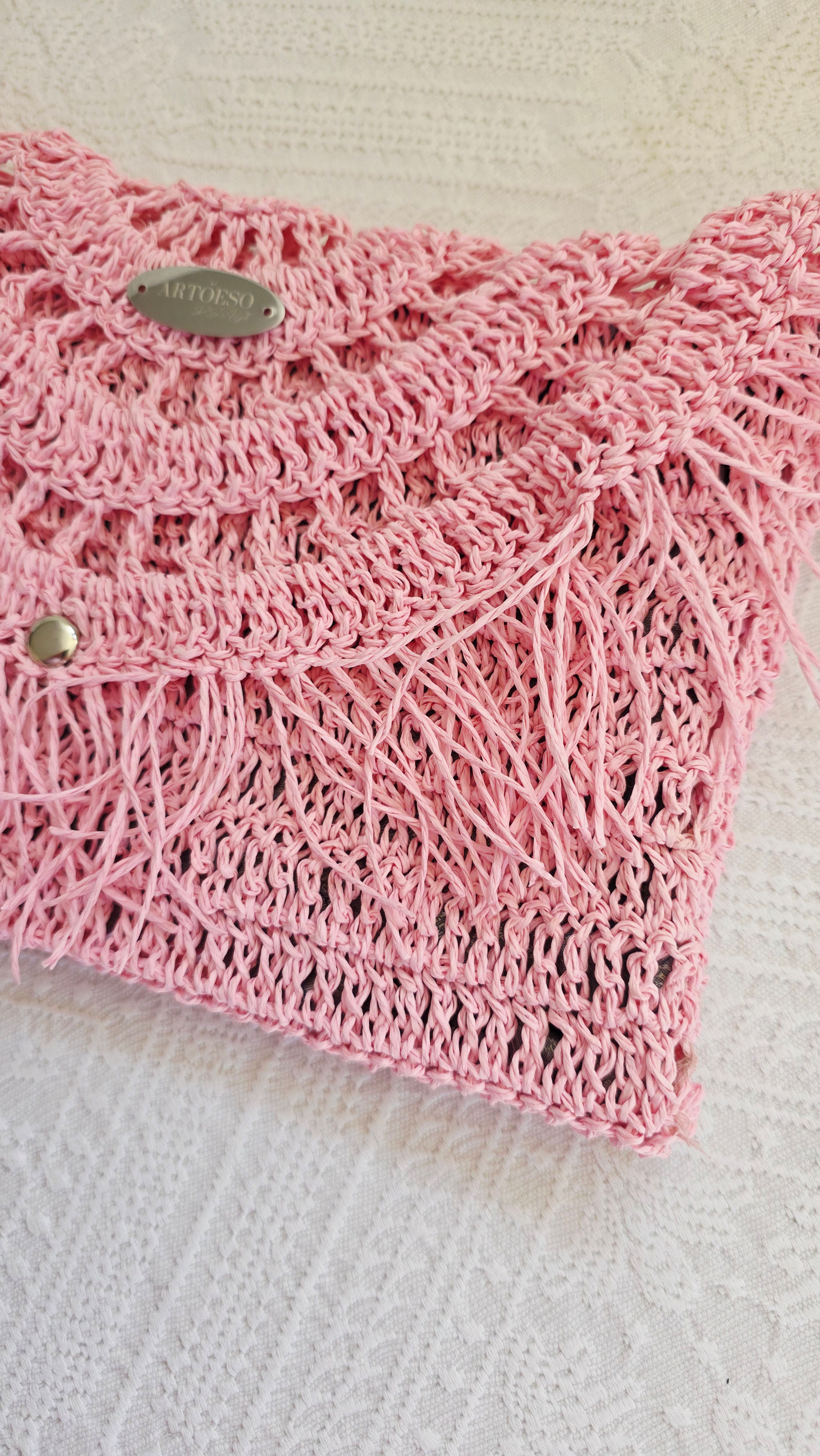 Straw Knit Bag: Pink & Grey with Tassel Detail
