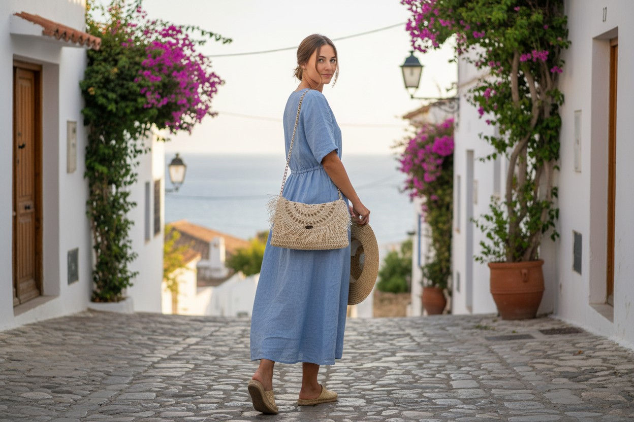 Straw Knit Shoulder Bag – Cream & Gold with Tassel Detail