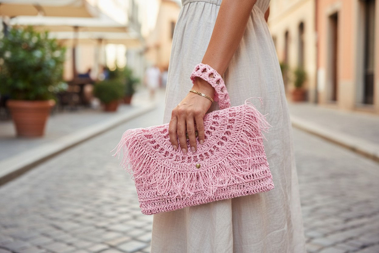 Pink Crochet Bag with Dark Pink Satin Lining, Fringe Detail and Wristlet