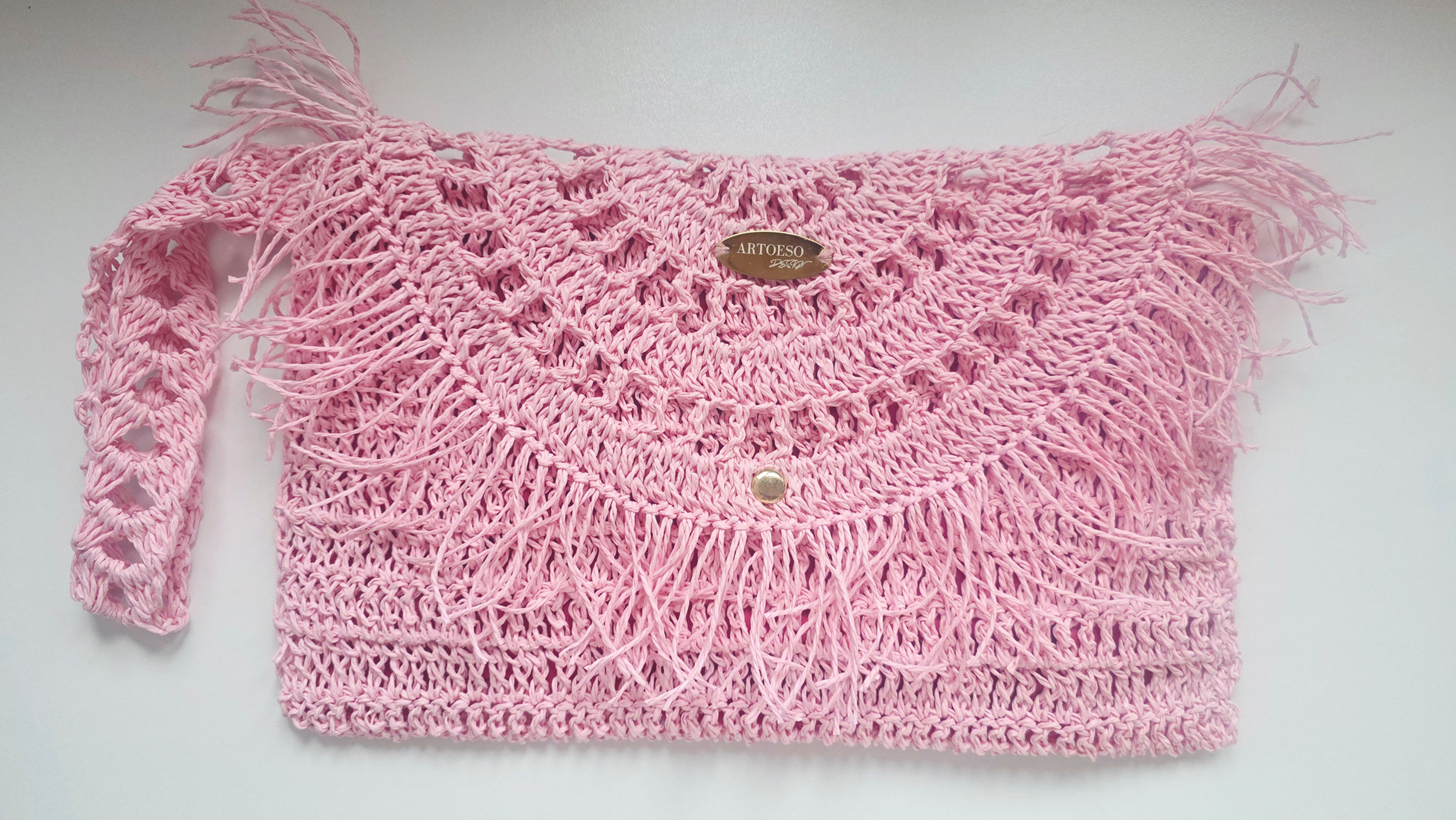 Pink Crochet Bag with Dark Pink Satin Lining, Fringe Detail and Wristlet