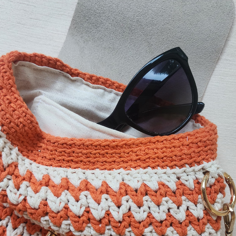 Turuncu - Bej Örgü Omuz Çantası