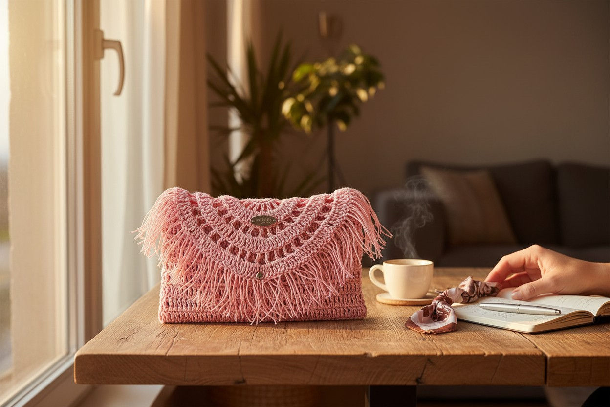 Straw Knit Bag: Pink & Grey with Tassel Detail