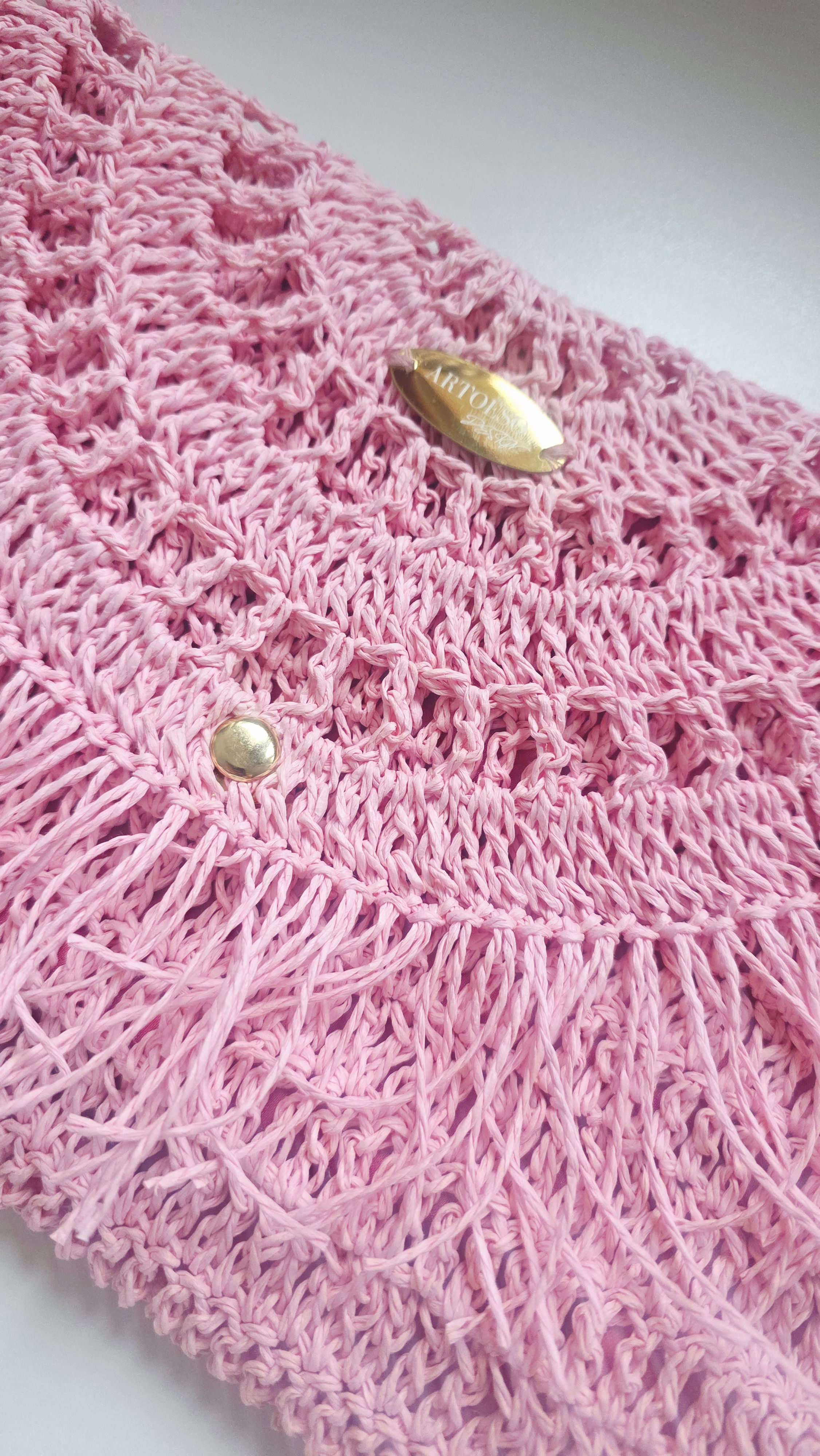 Pink Crochet Bag with Dark Pink Satin Lining, Fringe Detail and Wristlet