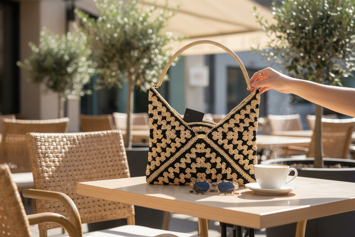 Straw Knit Bag: Cream & Black Clover Pattern – Shoulder Bag