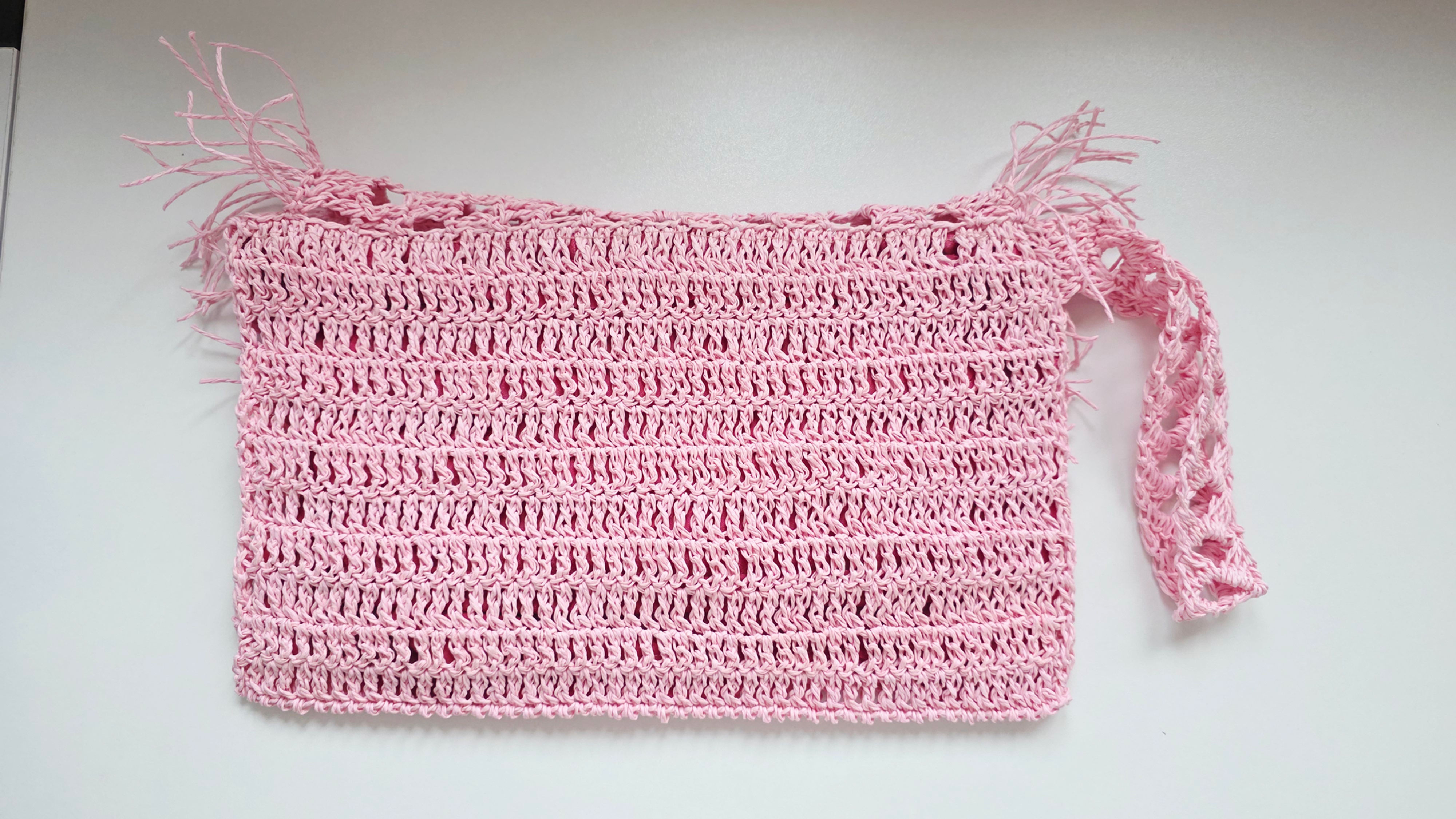 Pink Crochet Bag with Dark Pink Satin Lining, Fringe Detail and Wristlet