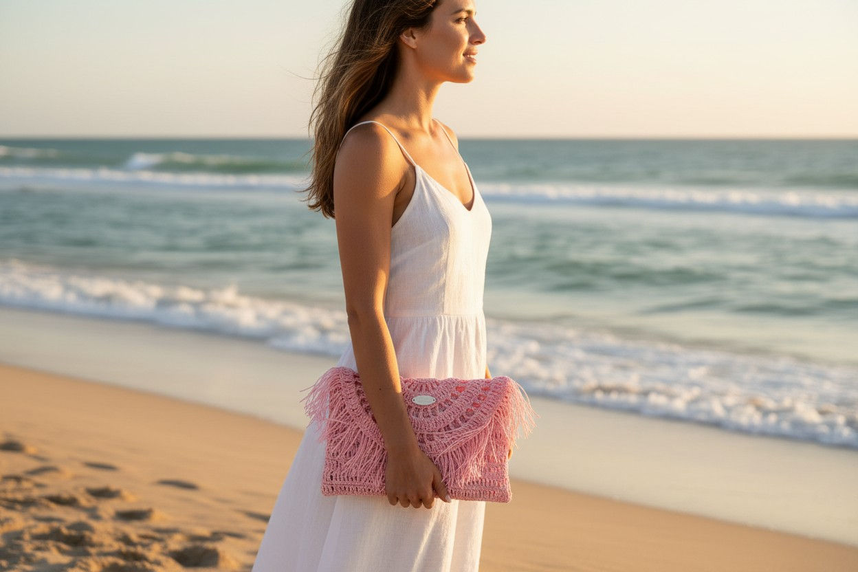 Straw Knit Bag: Pink & Grey with Tassel Detail