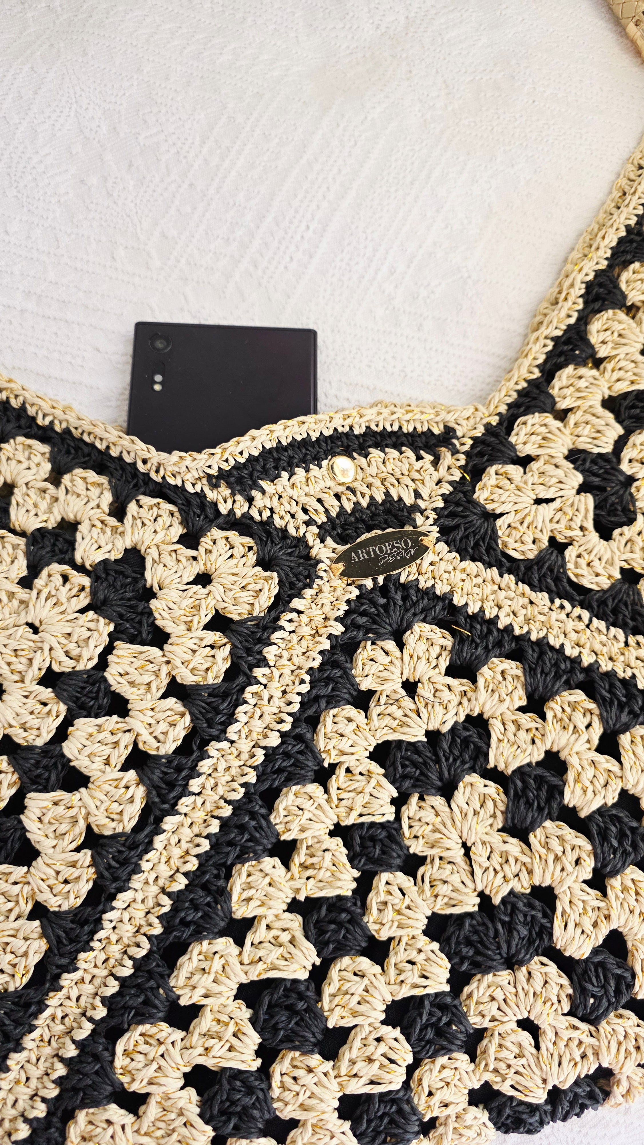 Straw Knit Bag: Cream & Black Clover Pattern – Shoulder Bag