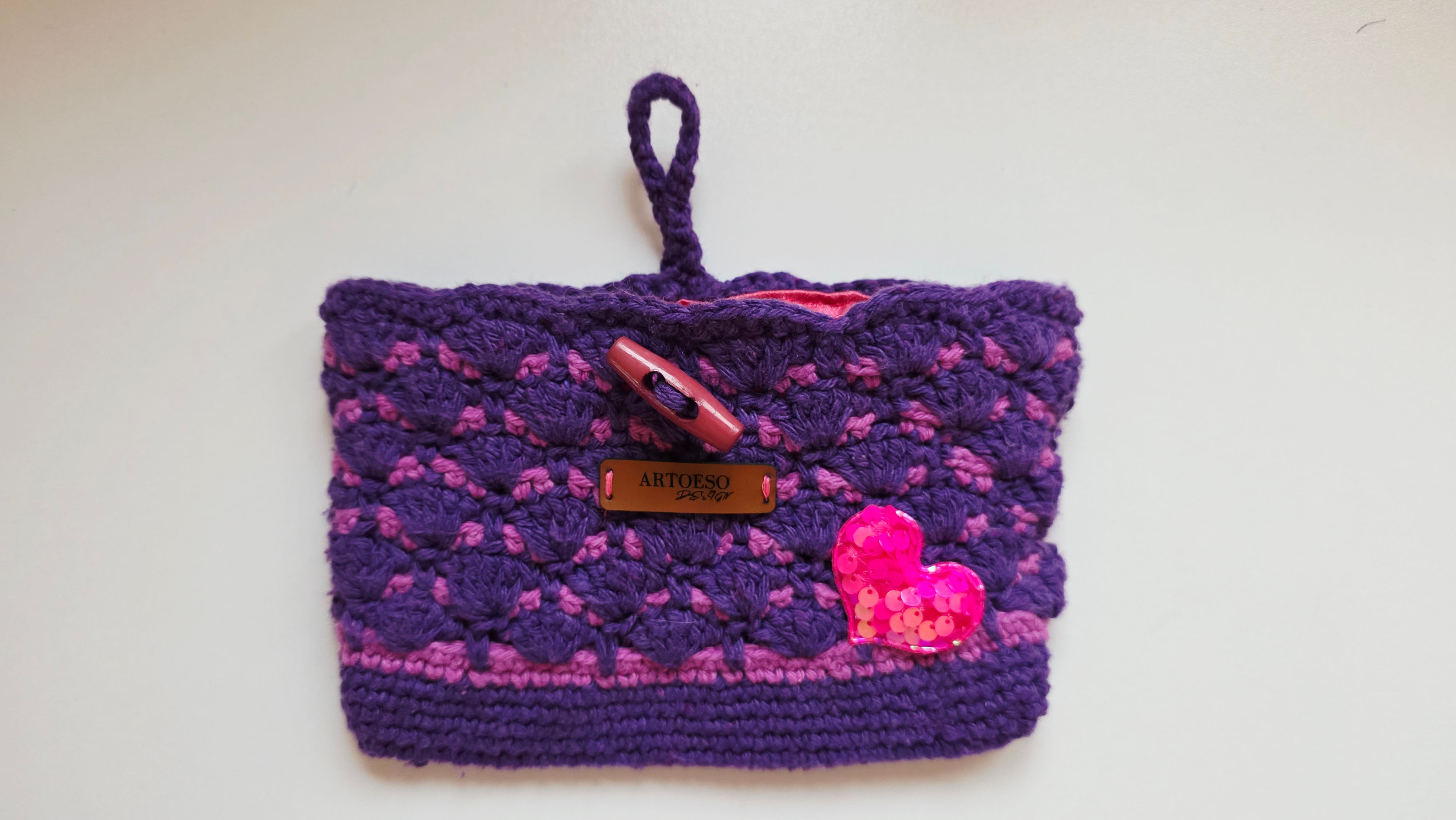 Lila Pembe Örgü Mini Çanta | Parıltılı Kalp Detaylı - PB25