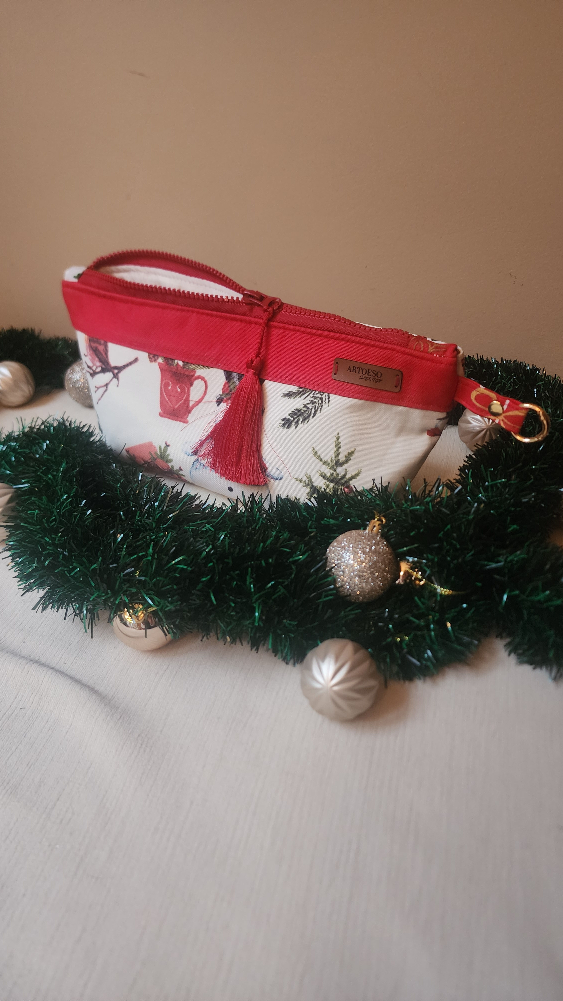 Snowman Red - Kardanadam desenli el yapımı çanta