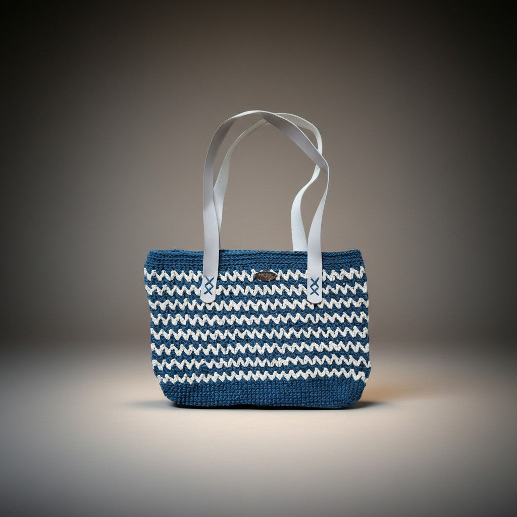 Blue White Zigzags - Shoulder Strap Knit Bag
