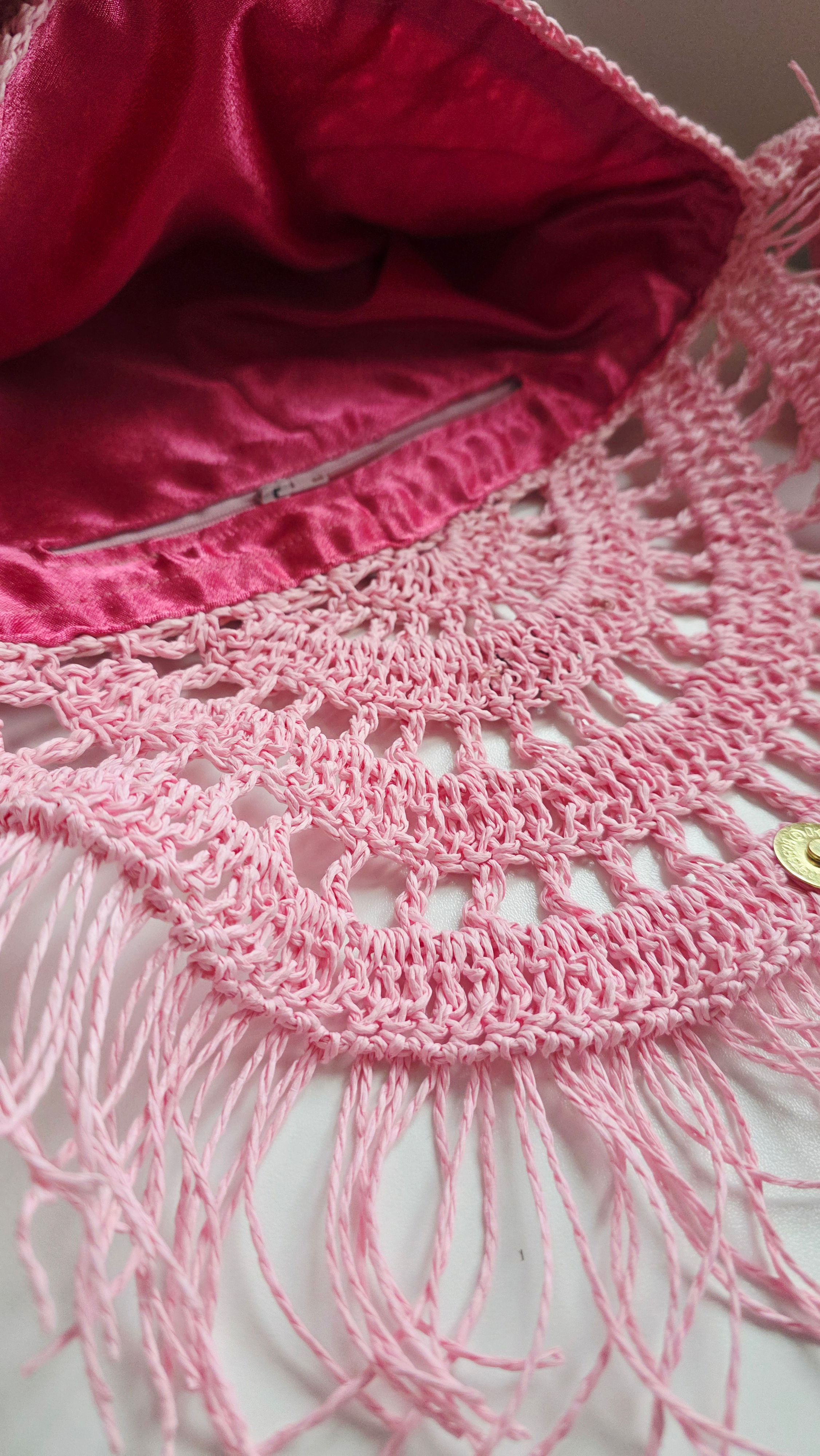 Pink Crochet Bag with Dark Pink Satin Lining, Fringe Detail and Wristlet