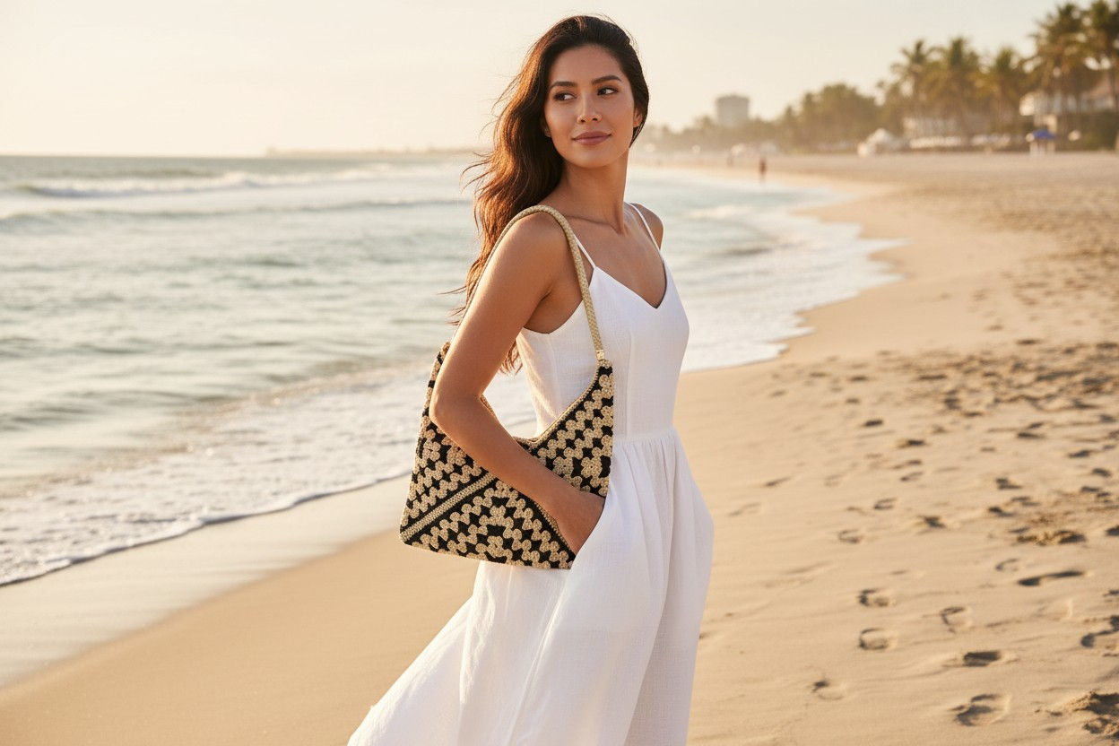 Straw Knit Bag: Cream & Black Clover Pattern – Shoulder Bag