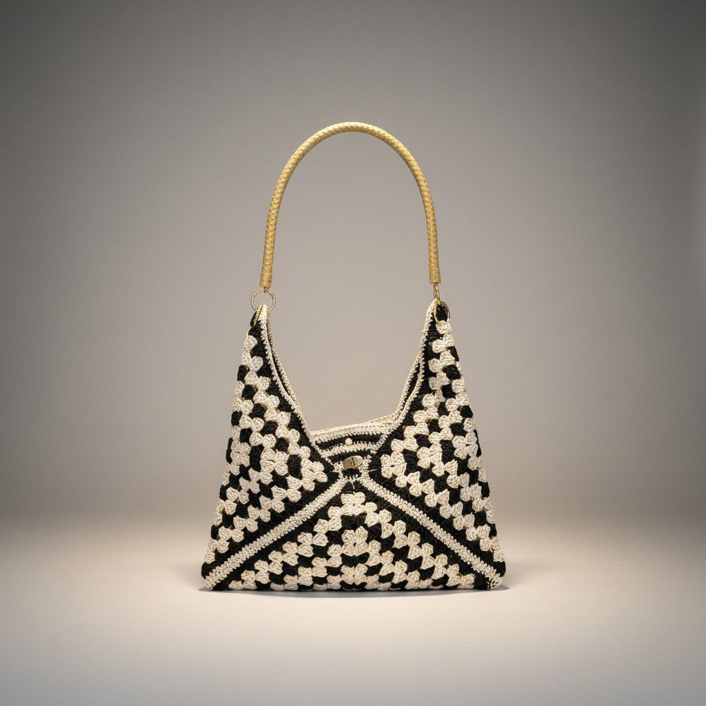 Straw Knit Bag: Cream & Black Clover Pattern – Shoulder Bag