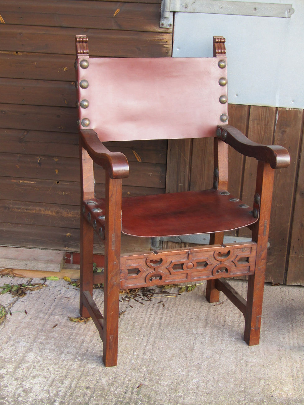Thumbnail: Pair of Spanish-style Leather-seated Oak Throne Chairs