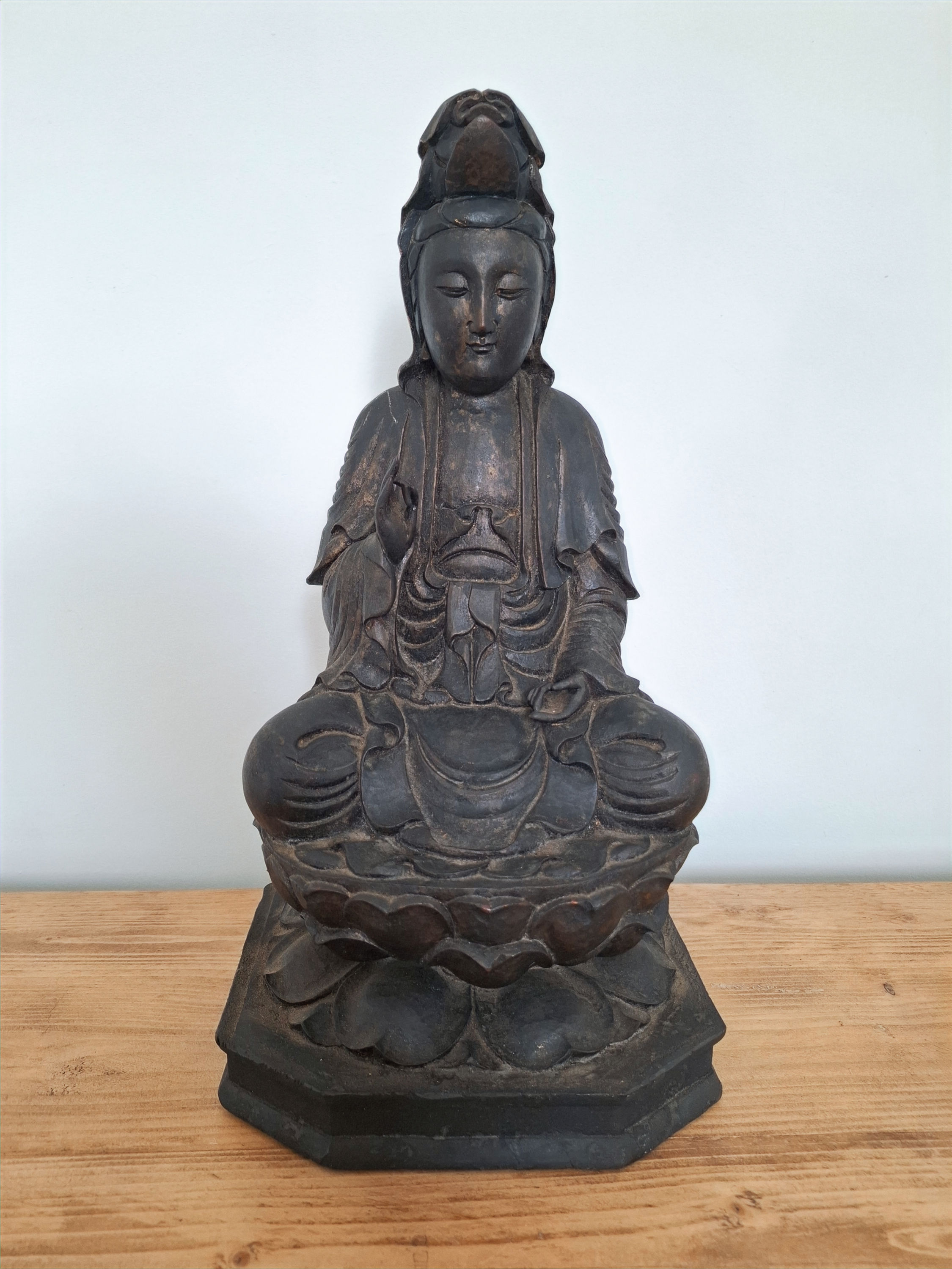Large Antique Chinese Carved Hardwood Figure of Guanyin