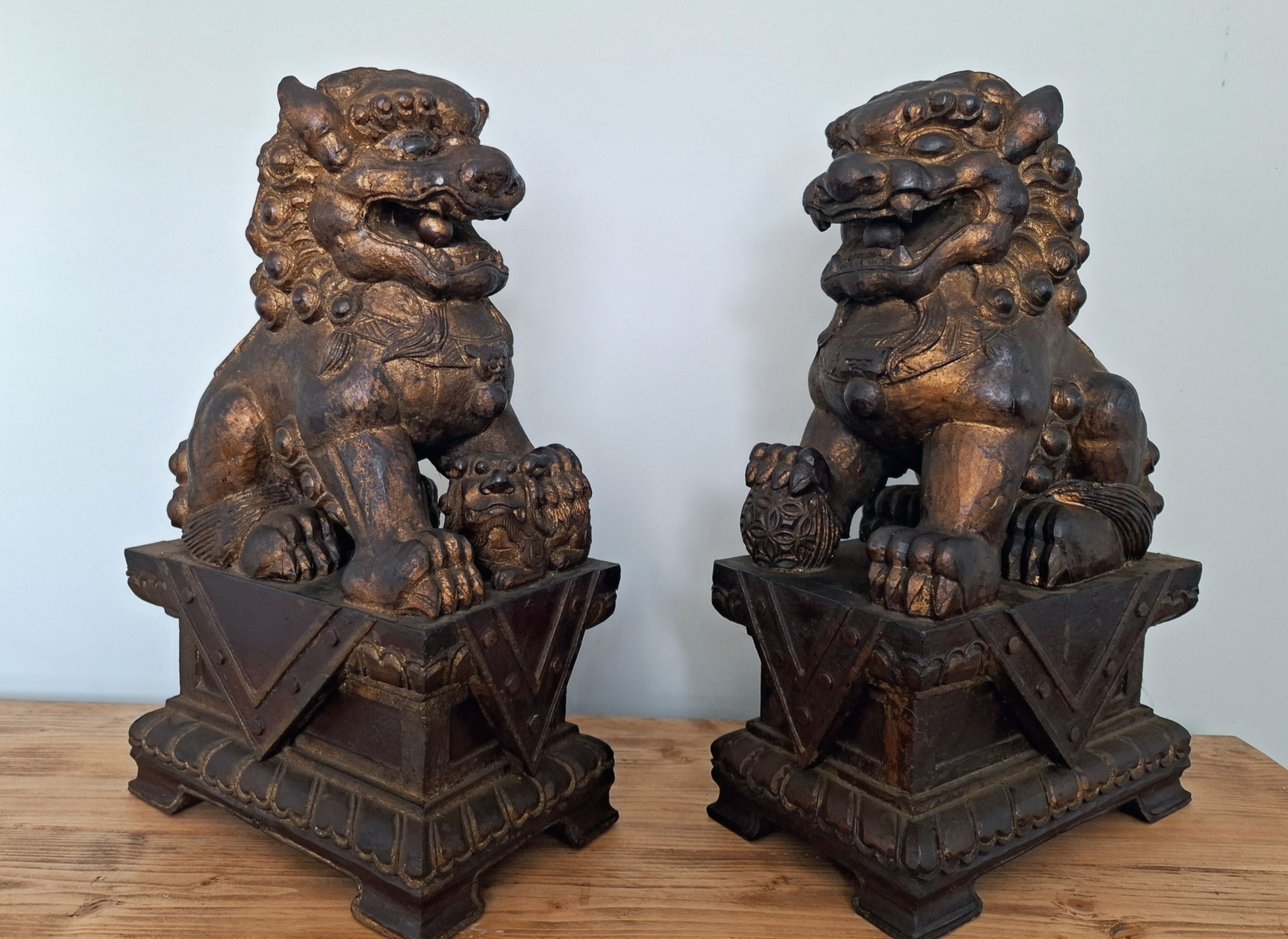 Vintage wooden carved Chinese Temple Lions