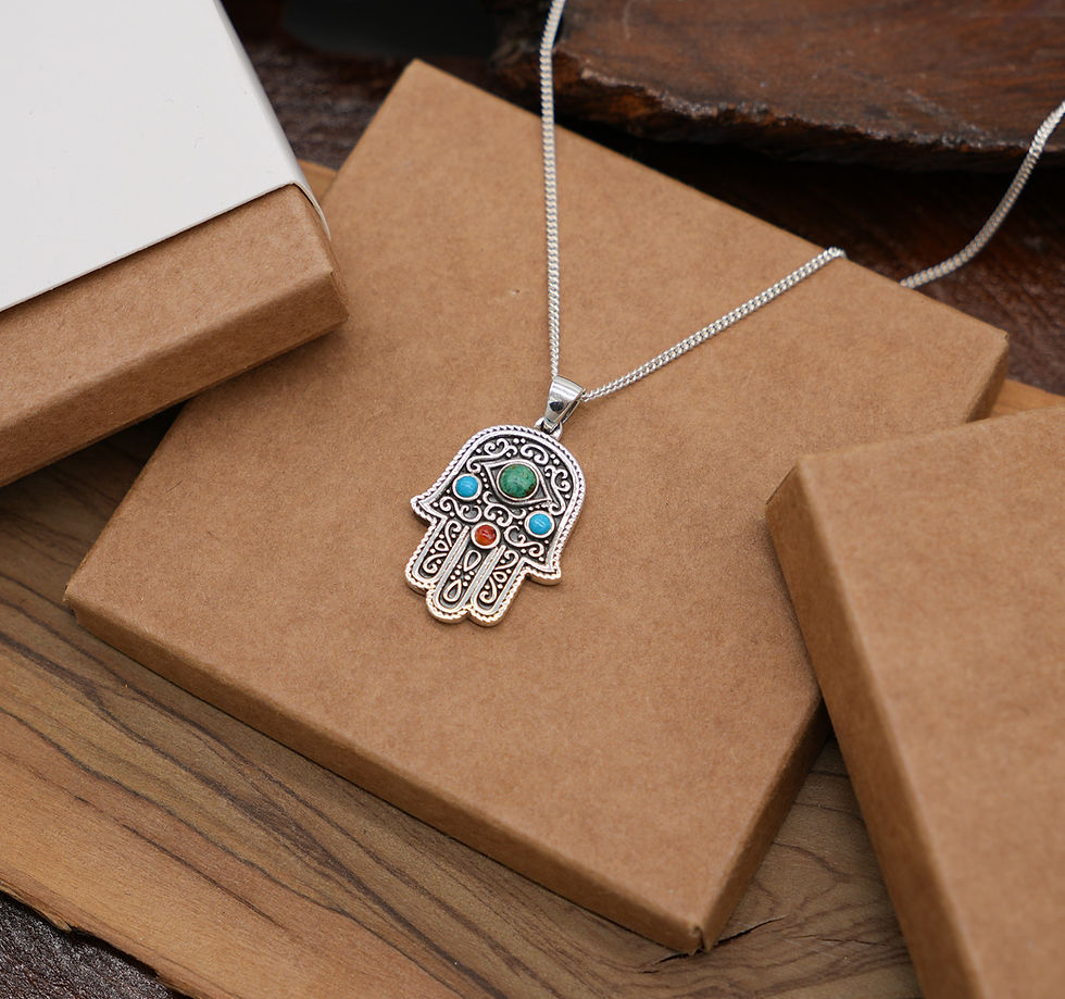 Thumbnail: 925 Sterling Silver Hamsa Necklace with Eilat Stone