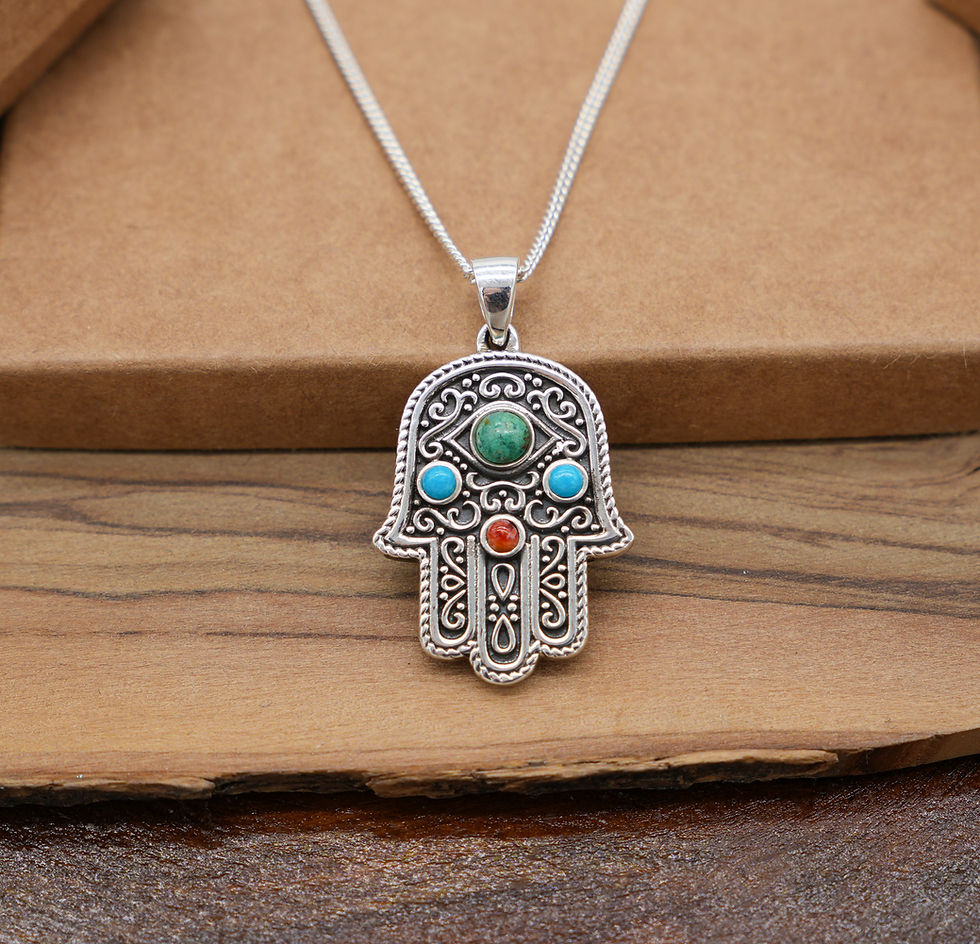 Thumbnail: 925 Sterling Silver Hamsa Necklace with Eilat Stone