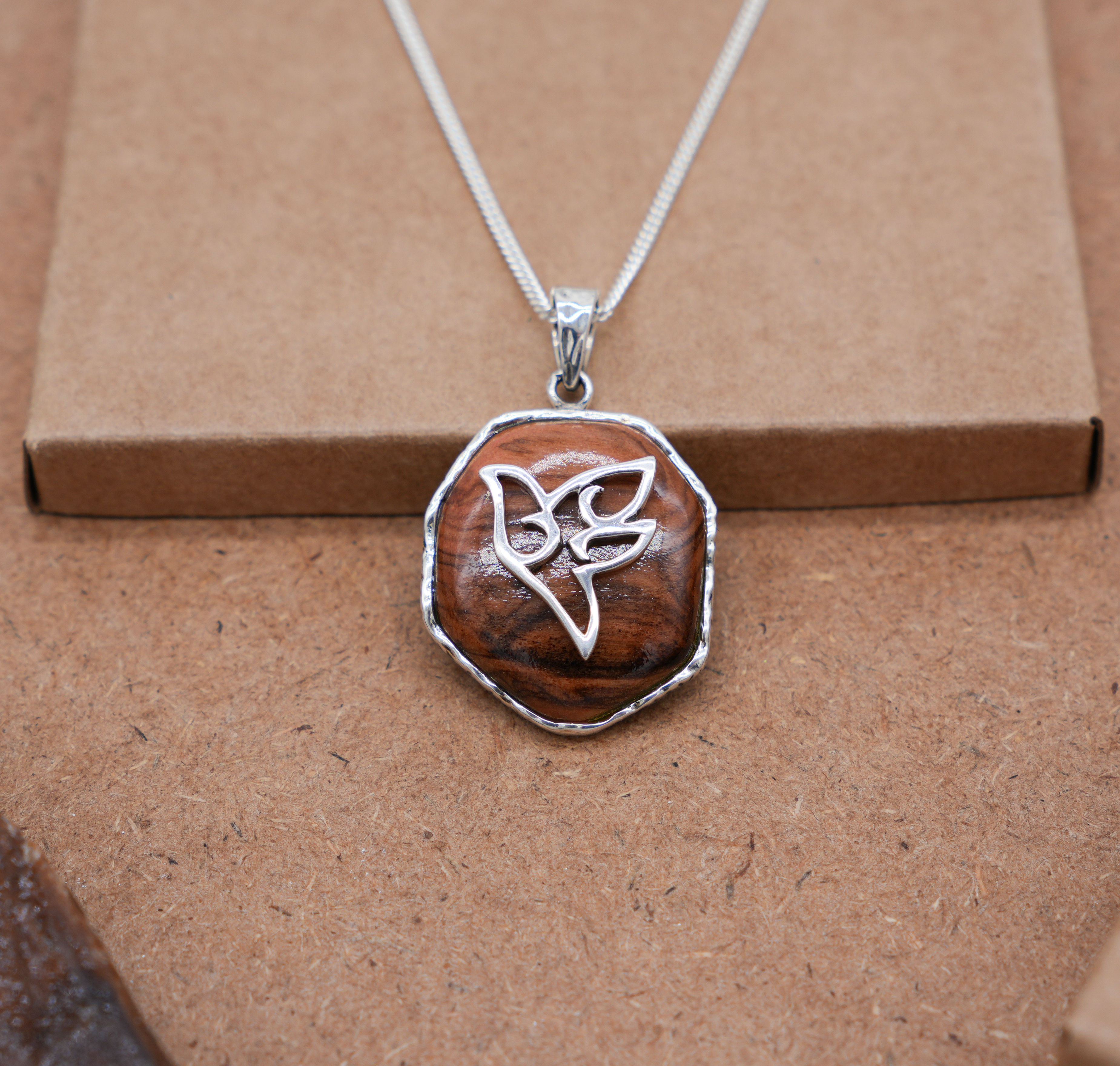 925 Sterling Silver Dove Pendant with Natural Olive Tree Wood