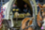 Two people in a covered wagon with a dog during a trail ride