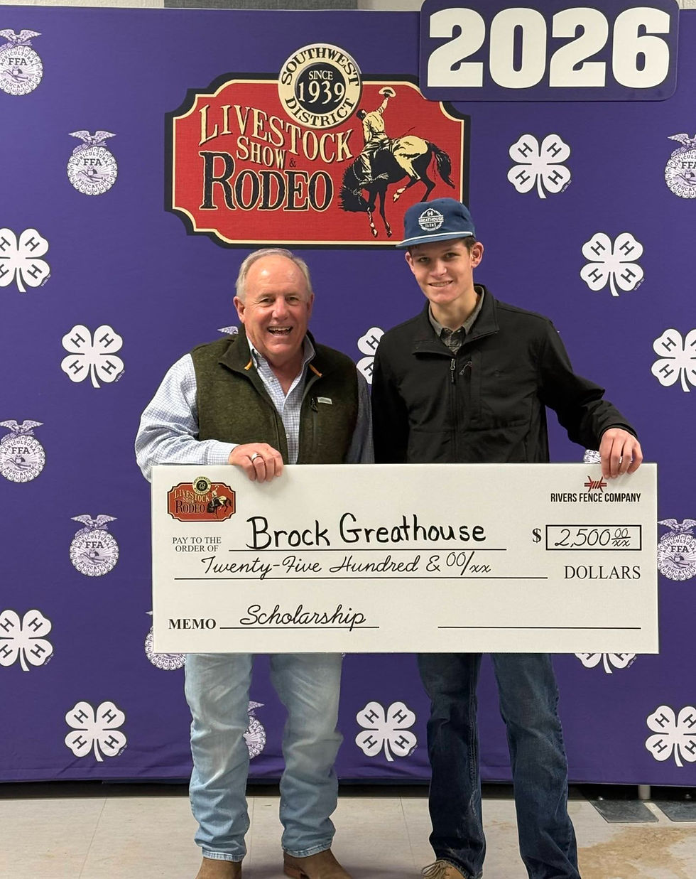 Brock Guesthouse receiving a scholarship check for $2,500 sponsored by Rivers Fencing Company