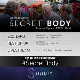Social media graphic showing the audience how to access the programme 'Secret Body'.