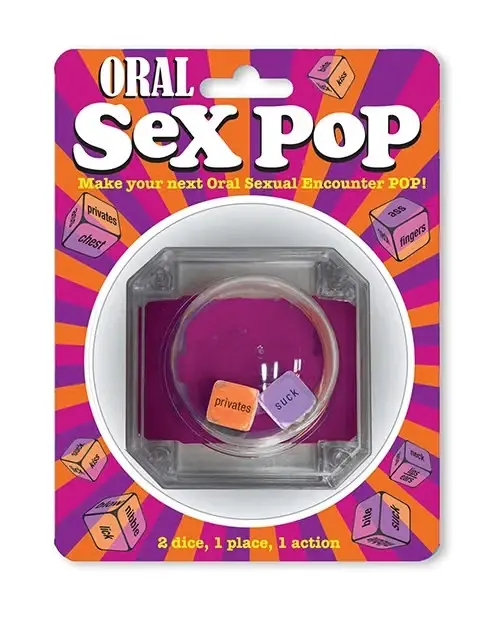 Adult novelty packaging with orange and pink design, featuring two dice labeled "privates" and "suck." Text: "Oral Sex Pop." Fun mood.