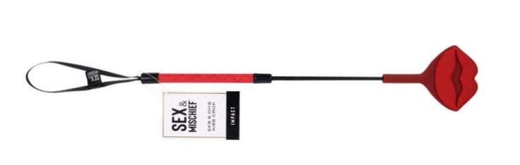 Red and Black Lips ridging crop BDSM red handle, with wrist loop on a white background