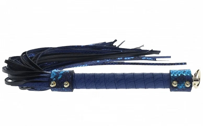 Fancy Blue BDSM Flogger with blue handle and silver embellishments on white background