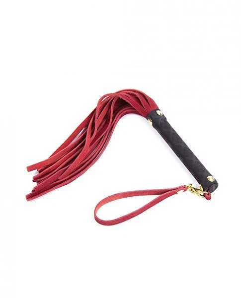 Red Mini BDSM Flogger with black handle on white background