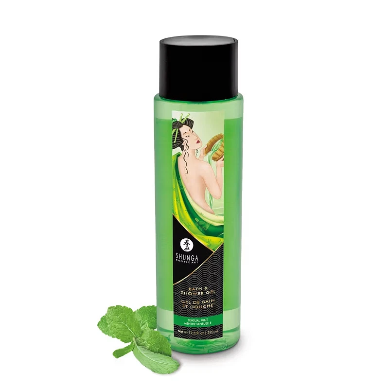 Green bottle of Shunga bath gel with elegant woman artwork. Mint leaves beside it. Text: Bath & Shower Gel. Fresh, calming vibe.