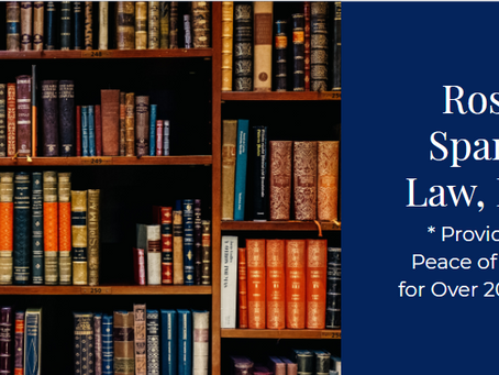 Bookshelf containing numerous law books and the law firm logo of Ross Spano Law and the tag line, "Providing Peace of Mind for Over 20 Years"