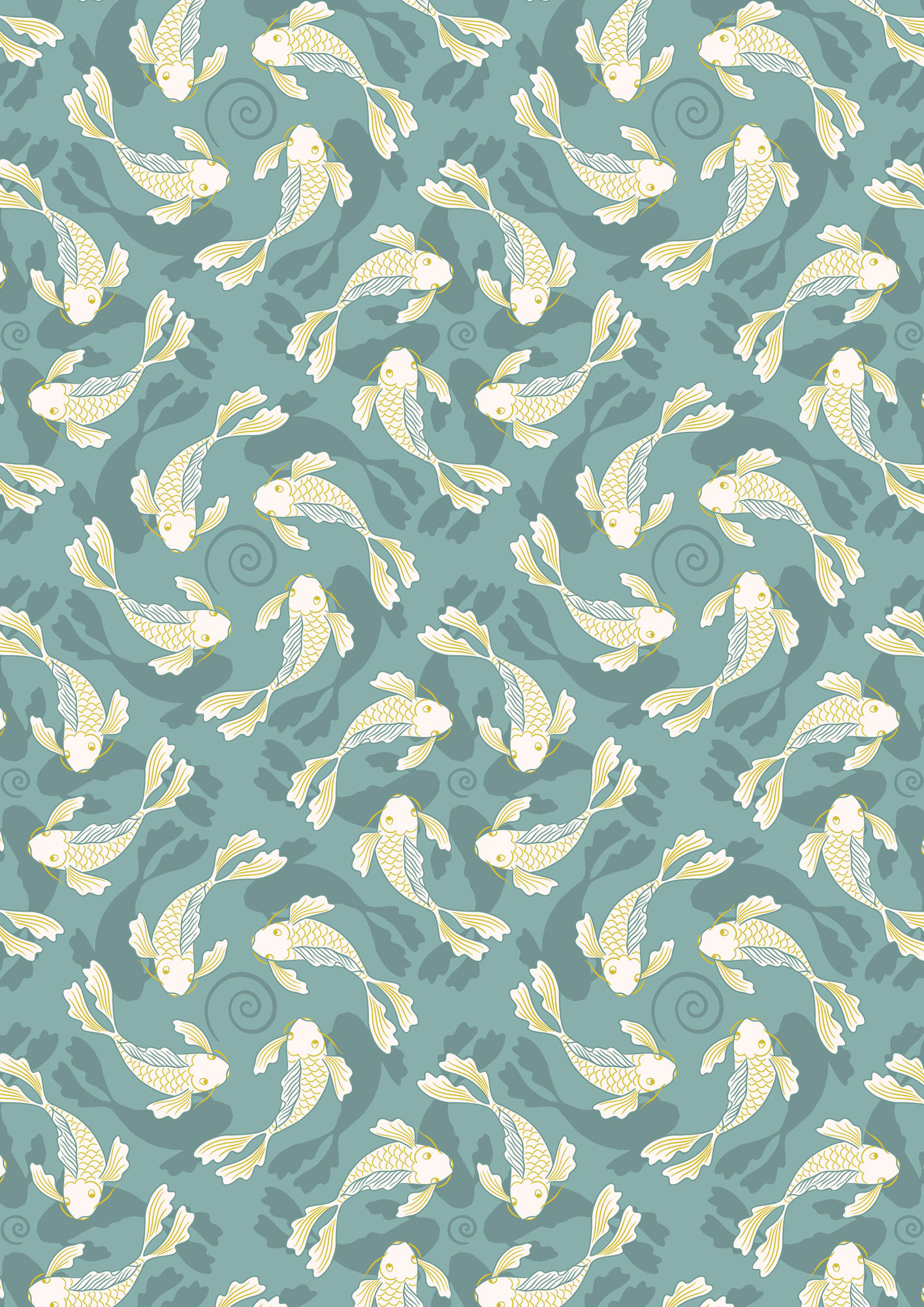 Sakura ~ Swimming Koi on Blue with Gold Metallic 