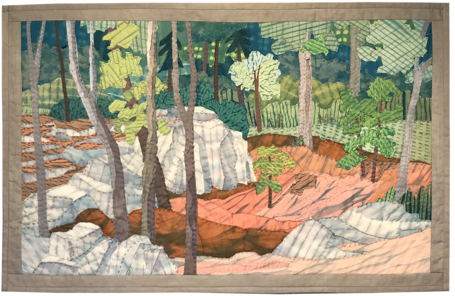 ©2022, 33” x 21." Natural dyes, shibori, raw edge applique/boro, hand stitched/quilted.

Woods on the Paine Estate, Waltham, MA. Justin Farley’s poem, where “Walking through the forest” offers paths to well-being, including calming chaotic thoughts.This parallels the mood of this quilt.