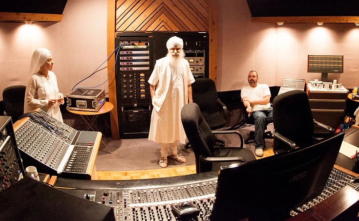 White Sun (from left) - Gurujas, Harijiwan and Adam Berry in the studio. Photo: Santosh/Courtesy of White Sun