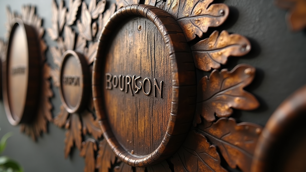 Close-up view of a handcrafted metal wall art piece with bourbon barrel motifs