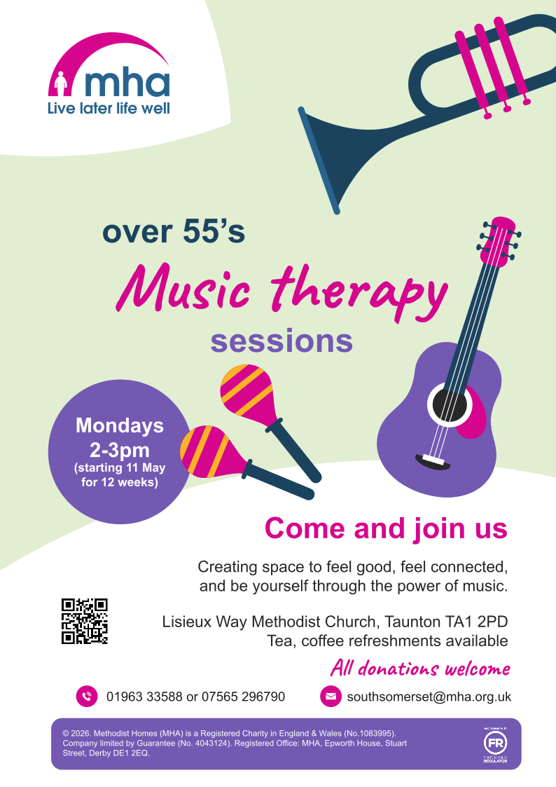 Flyer promoting over 55’s music therapy sessions held Mondays 2-3pm for 12 weeks at Lisieux Way Methodist Church, Taunton. Features colourful illustrations of a trumpet, maracas, and guitar, with contact details, QR code, and welcoming message for attendees.