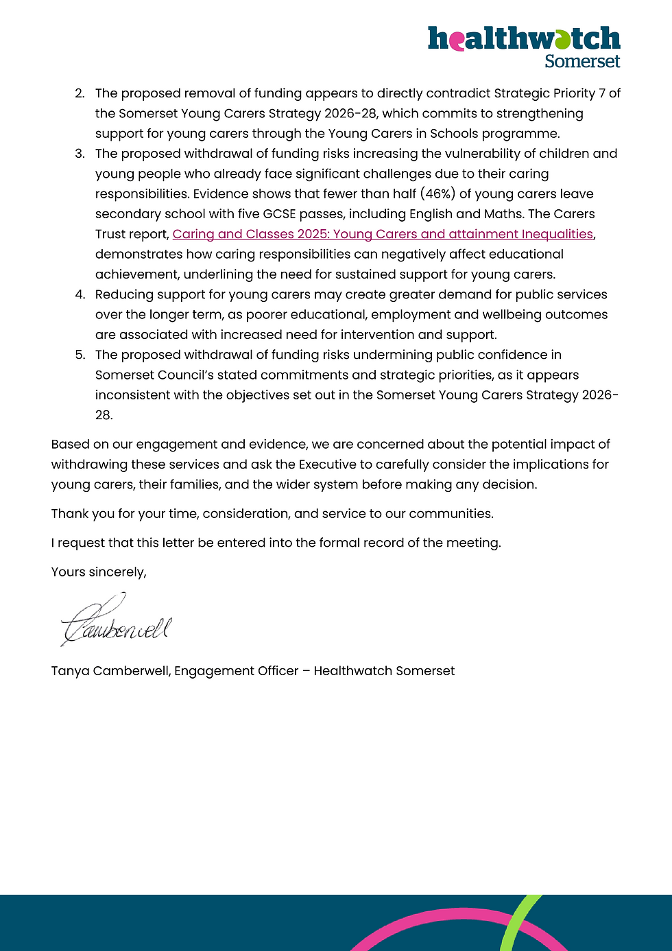 Healthwatch Somerset letter (page 2) warning that funding cuts may harm young carers; black text on white page with logo and signature.