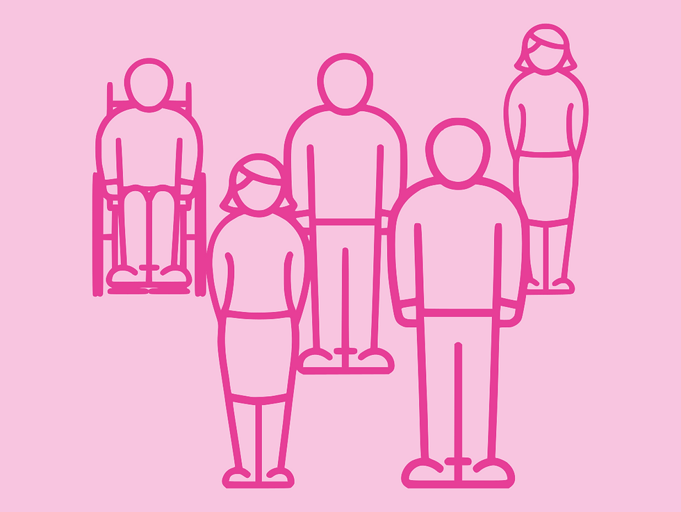 Pink background with icons of different people