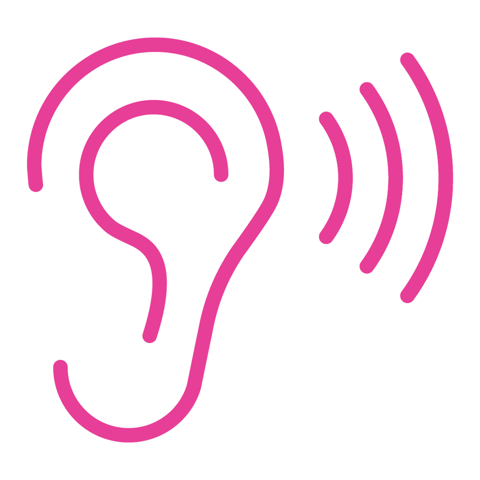 Pink outline of an ear with sound waves on a white background, suggesting listening or hearing.