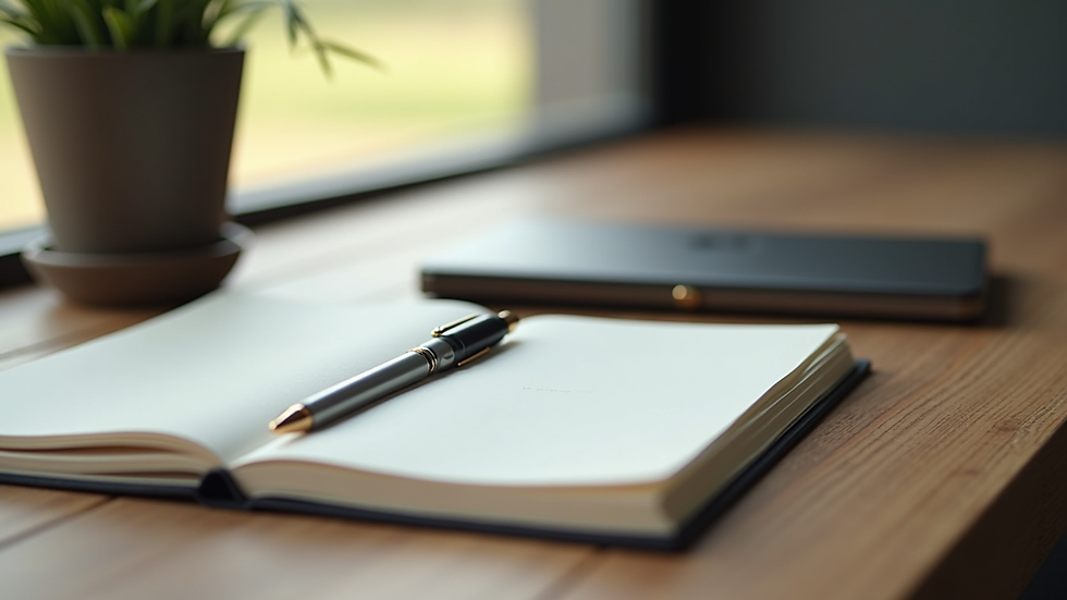 Close-up view of a journal and pen on a wooden table, symbolizing reflection and planning