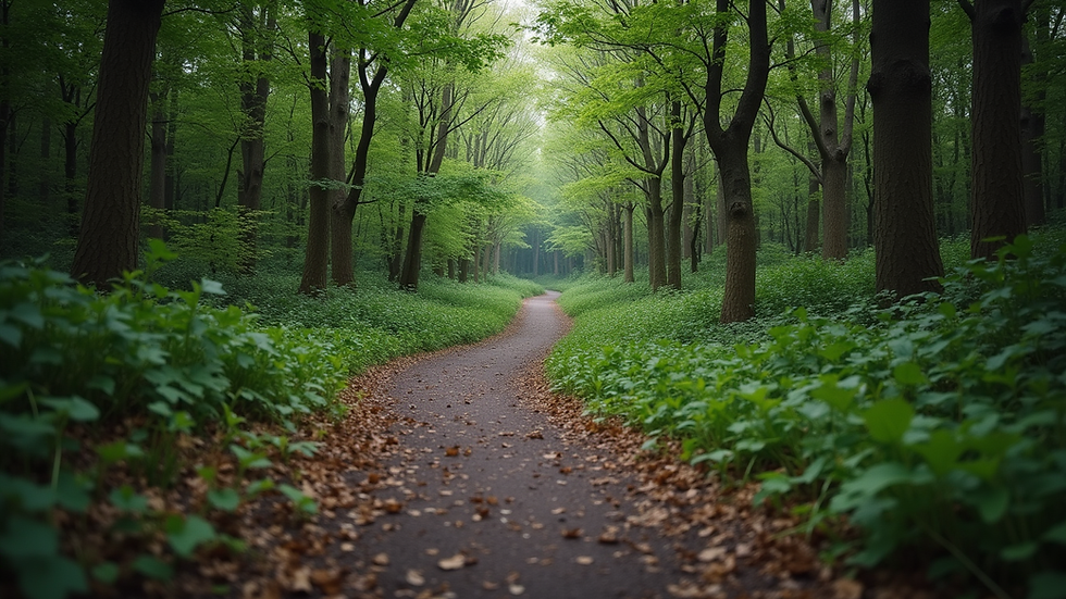 Eye-level view of a winding forest path symbolizing a journey through change