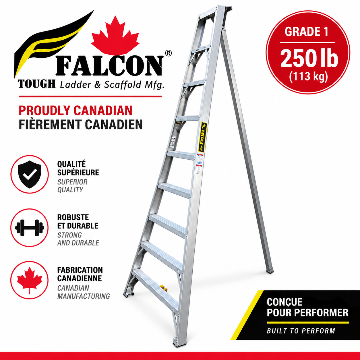 Échelle tripode FALCON 14 pieds en aluminium, 3 pattes, conçue pour les travaux extérieurs et la taille de haies de cèdres.