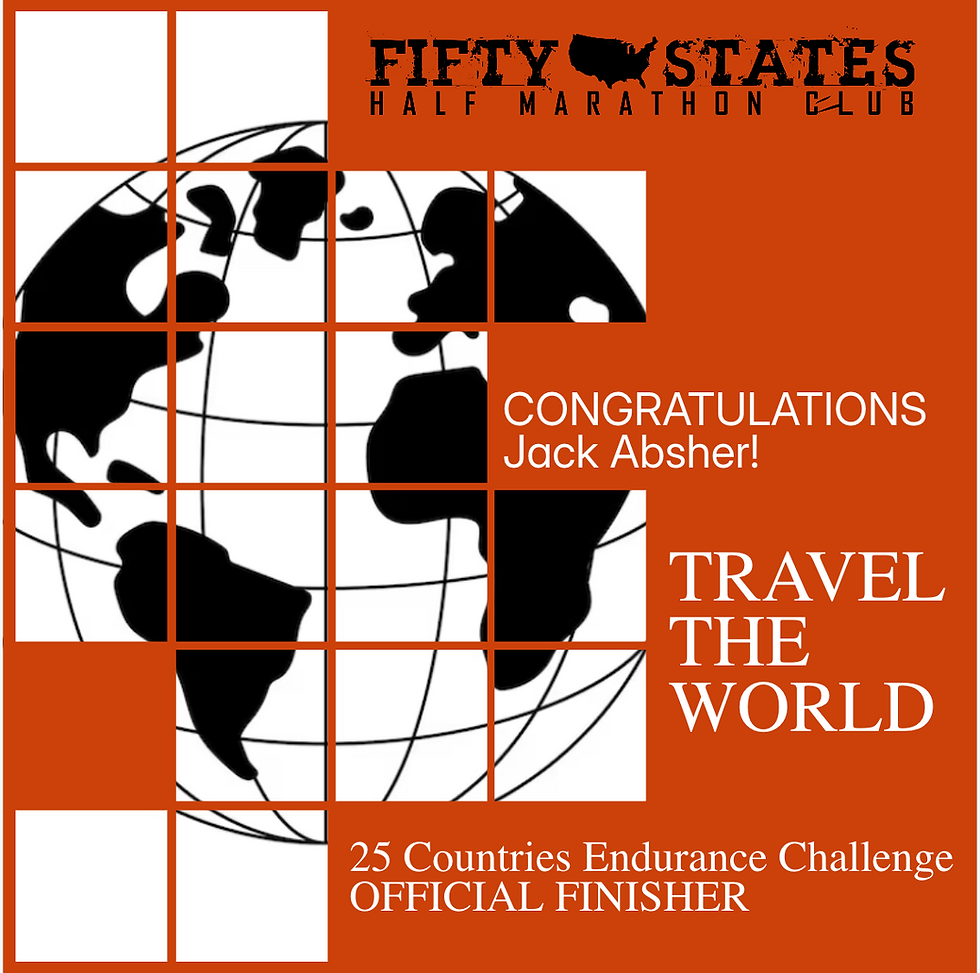 Congratulations to 50 States Half Marathon Club™ member, Jack Absher from Las Vegas, Nevada, for completing the 25 Countries Endurance Challenge™, in June 2026! Jack is the first to finish one of our newest club challenges, checking off a half marathon in twenty five countries in just over four years! Jack ran half marathons in 9 countries in Asia, 4 North America countries, 2 countries in Africa, 2 countries in South America, 7 countries in Europe, and Australia!