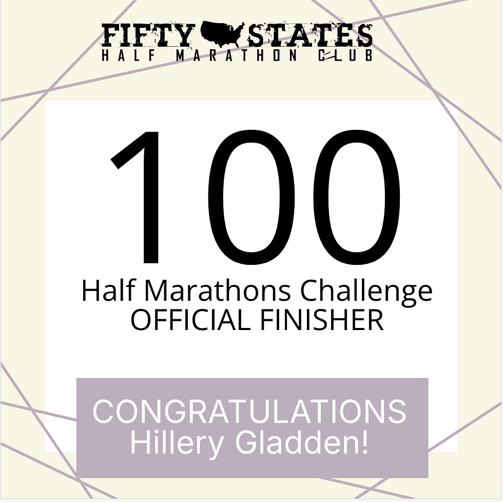 Congratulations to 50 States Half Marathon Club™ member, Hillery Campbell Gladden from Seattle, Washington, for completing the 100 Half Marathons Challenge, in June 2026! Hillery is a Life Membership member of our 50 states running club, and has been a member for over four years.