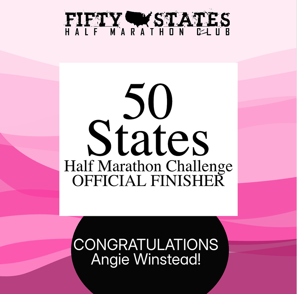 Congratulations to 50 States Half Marathon Club™ member, Angie Winstead from Jacksonville, Arkansas, for completing the 50 States Half Marathon Challenge, in June 2026! Angie has been a member of our 50 states running club for over eight years.