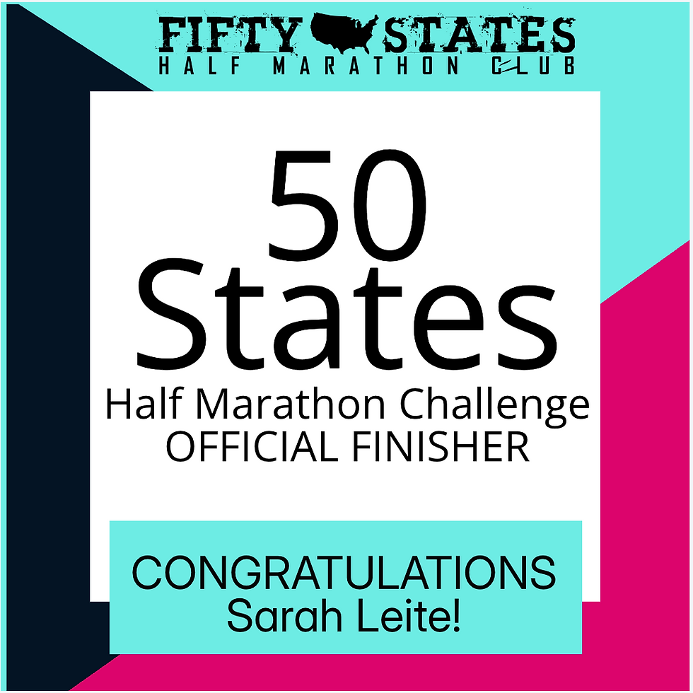 Congratulations to 50 States Half Marathon Club™ member, Sarah Leite from Fairfield, Connecticut, for completing the 50 States Half Marathon Challenge™ plus D.C., in July 2026! Sarah is a life membership member of our 50 states running club, and has been a member for over eight years.