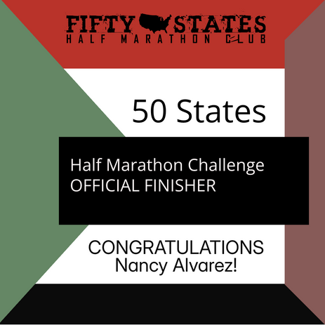 Congratulations to 50 States Half Marathon Club member, Nancy Alvarez from Hartsville, South Carolina, for finishing the 50 States Half Marathon Challenge™ +D.C., in June 2026! Nancy has been a member of our 50 states running club for over two years.